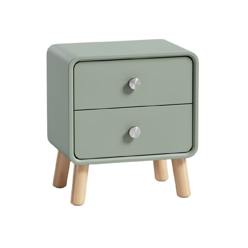 Modern Minimalist Green Nightstand with Two Drawers and Wooden Legs